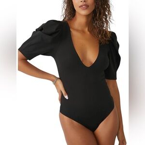 Free People Va Va Voop Deep V Puff Sleeve Bodysuit Sexy Whimsigoth Office Siren